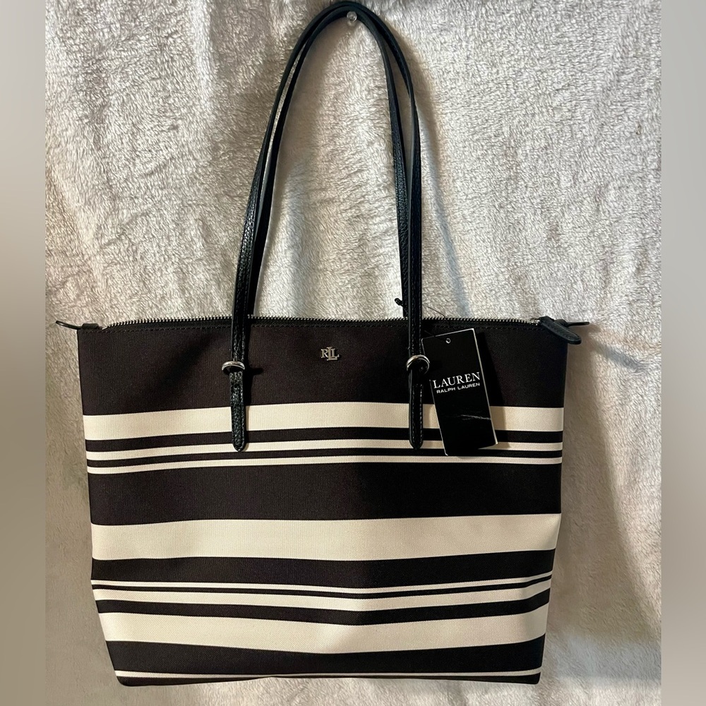 NWT Lauren Ralph Lauren Black and White Striped Canvas Tote